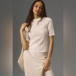 Maeve Anthropologie Sheer Mesh Mock-Neck Top Cream Sz M Soft Clean Minimalist